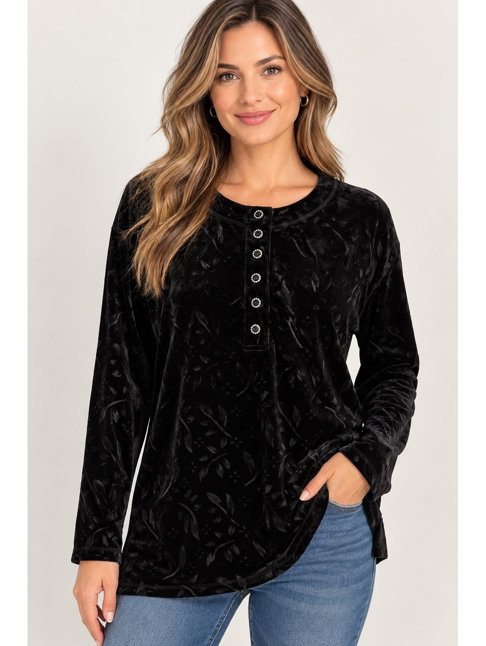 Jaclyn Smith Sport Womens Large Black Velvet Velour Tunic Top